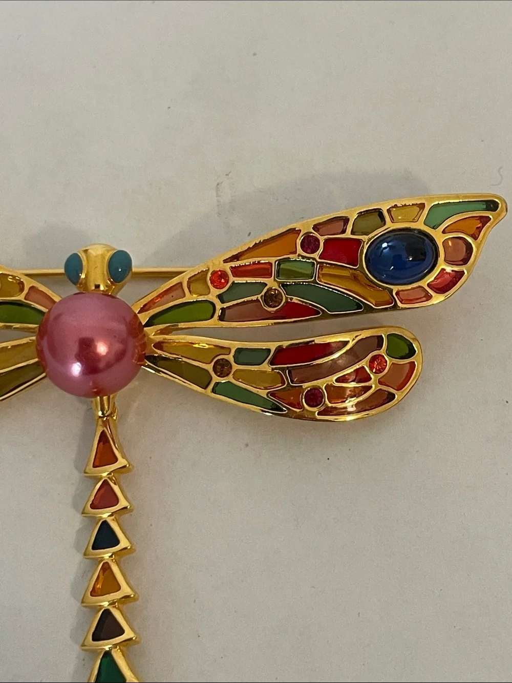 Vintage Joan Rivers Dragonfly Brooch Stained Glass Cabochons Enamel Rhinestones